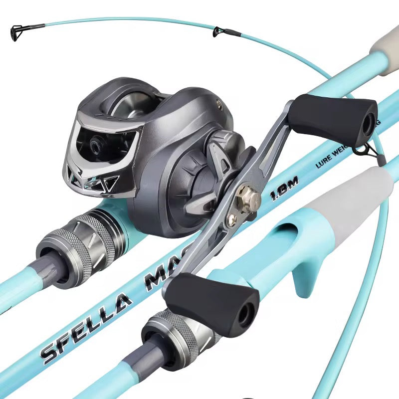 Combo Baitcast Caña Celeste + Reel Huevito + Tanza + Señuelo Celeste