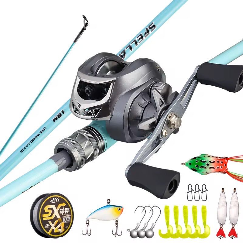 Combo Baitcast Caña Celeste + Reel Huevito + Tanza + Señuelo Celeste