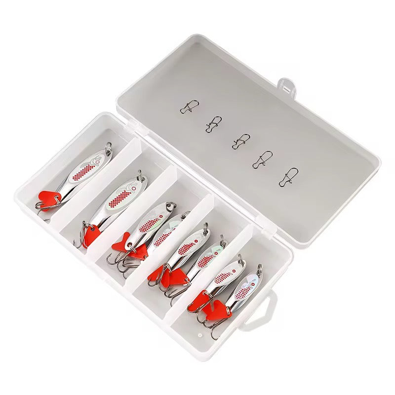 Combo 8 Cucharas Plateada/roja Con Caja Pesca Trucha