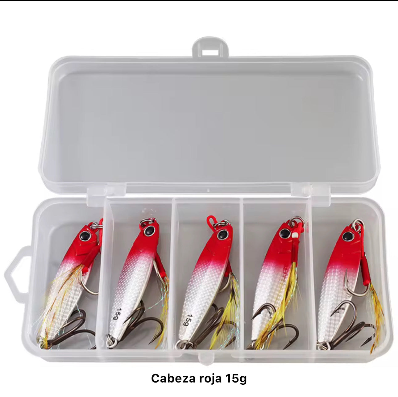 Caja 5 Señuelos Jigs 15g Cabeza Colorada Pesca Trucha