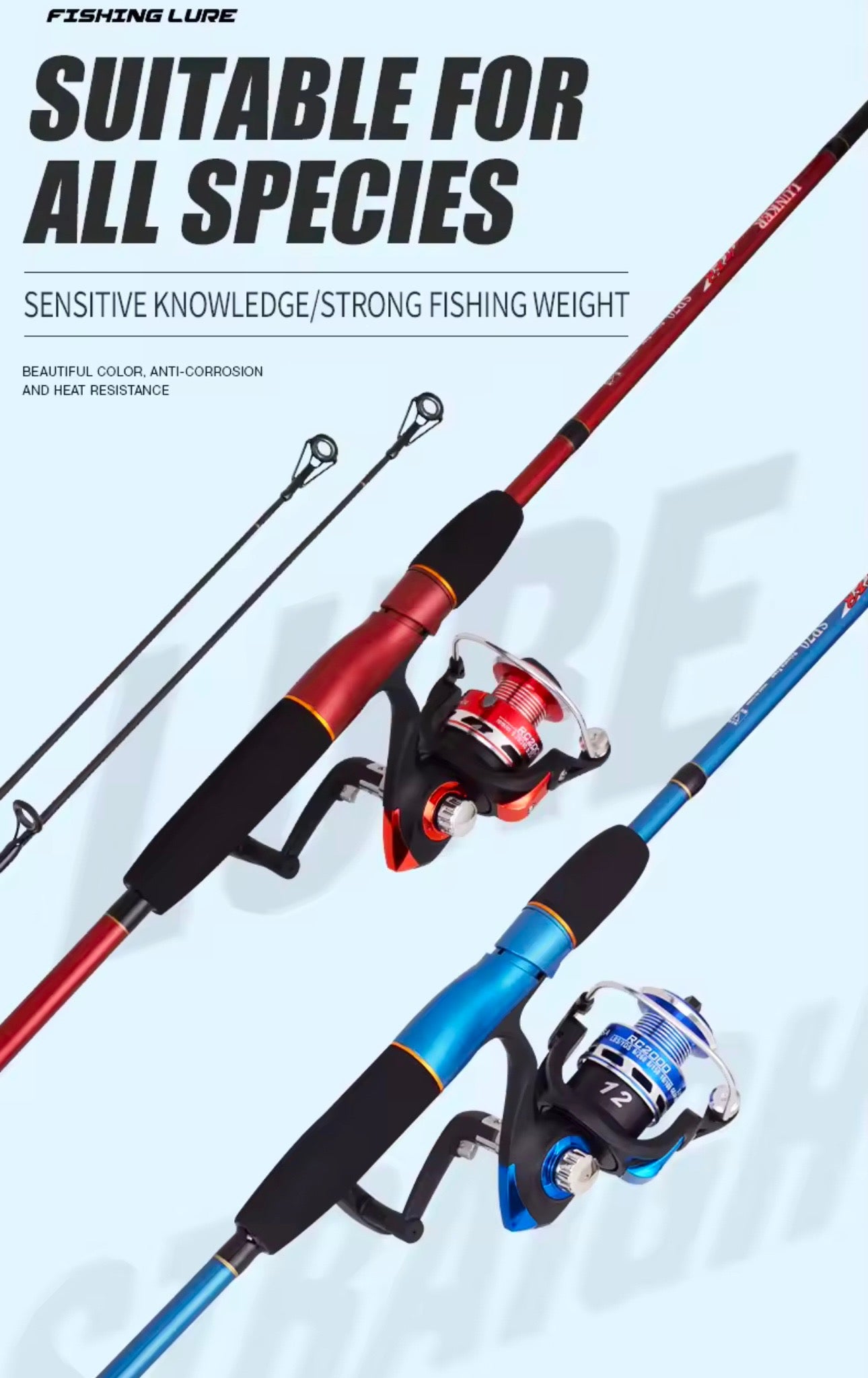 Combo spinning caña roja o azul + reel + tanza + señuelos