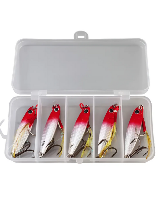 Caja 5 Señuelos Jigs 15g Cabeza Colorada Pesca Trucha
