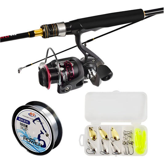 Combo Caña Spinning 2.1m + Reel + Caja De Señuelos Negro