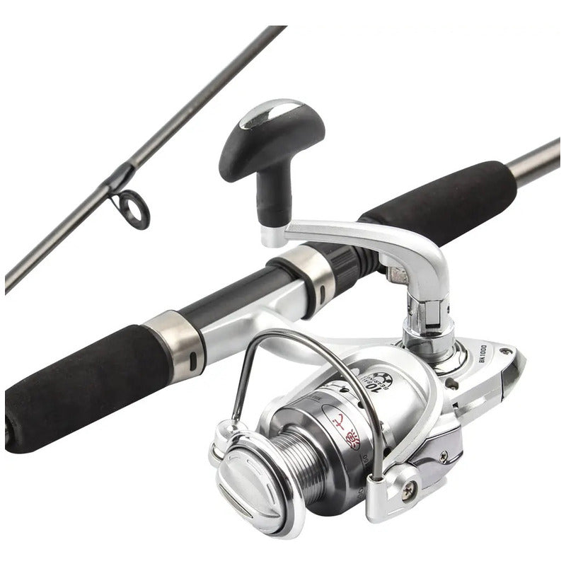 Combo Spinning Caña De Pesca + Reel + Tanza + Señuelos Gris
