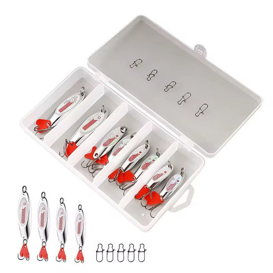 Combo 8 Cucharas Plateada/roja Con Caja Pesca Trucha