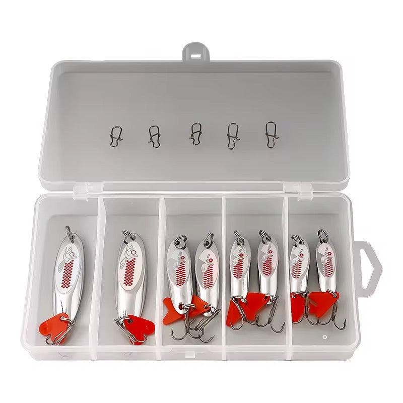 Combo 8 Cucharas Plateada/roja Con Caja Pesca Trucha