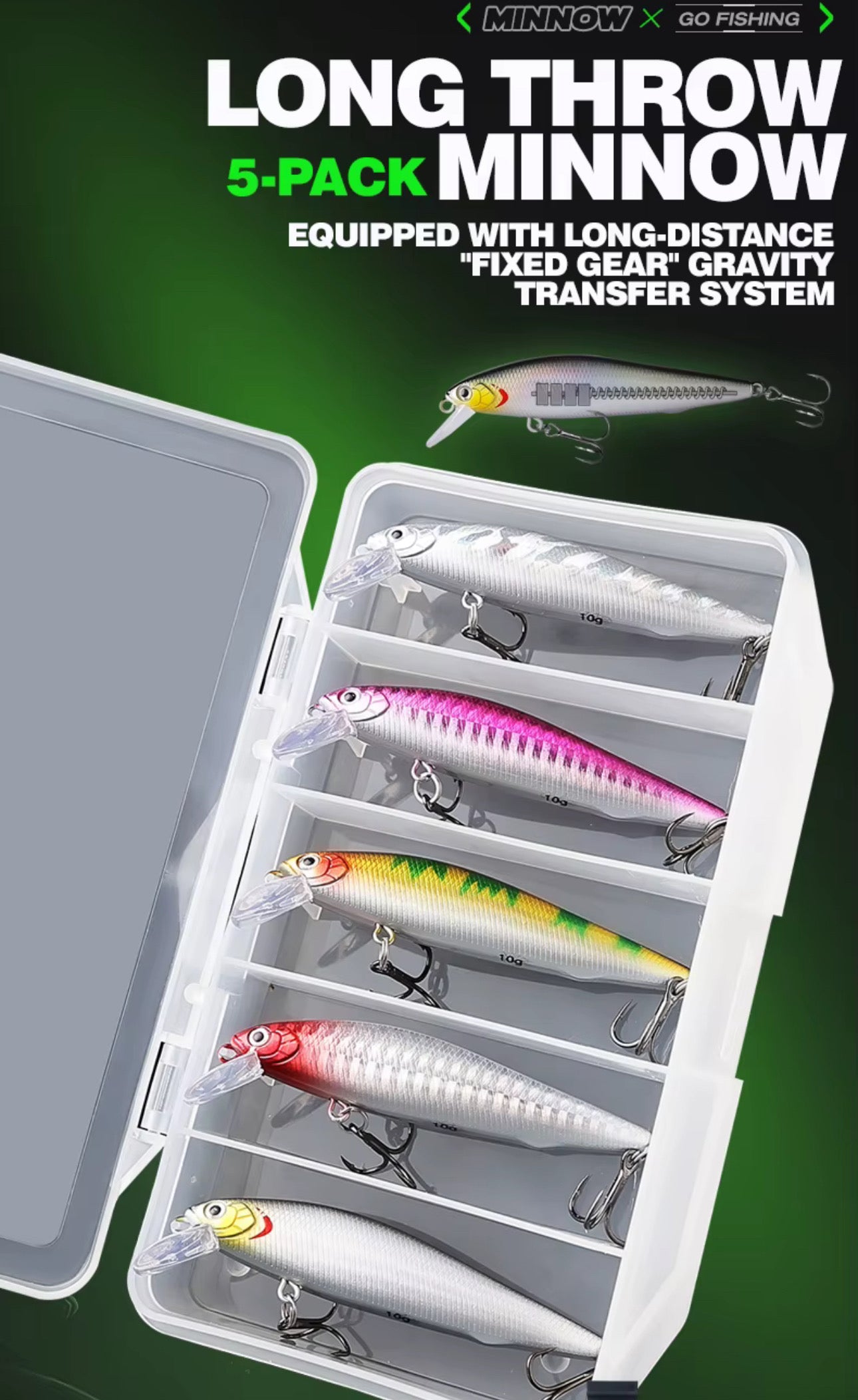 Kit 5 Señuelos 9cm 10g Premium Con Caja Pesca