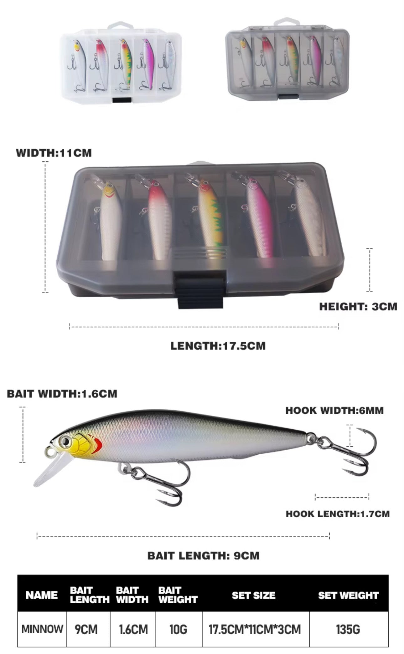 Kit 5 Señuelos 9cm 10g Premium Con Caja Pesca