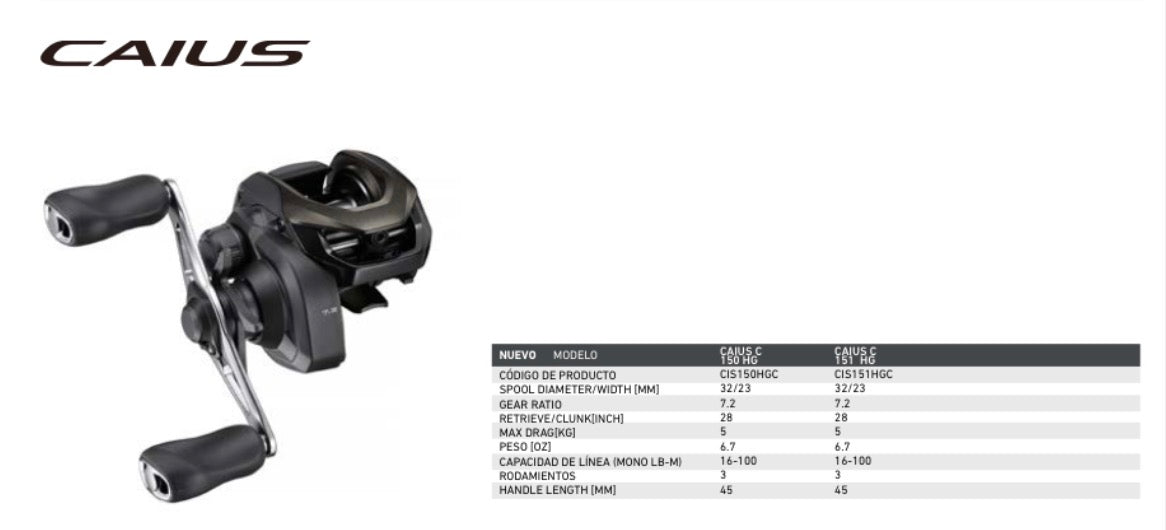 Combo Shimano Caius Baitcast — Caña Caius 2 tramos 12-25lb — Reel Caius 150/151HG