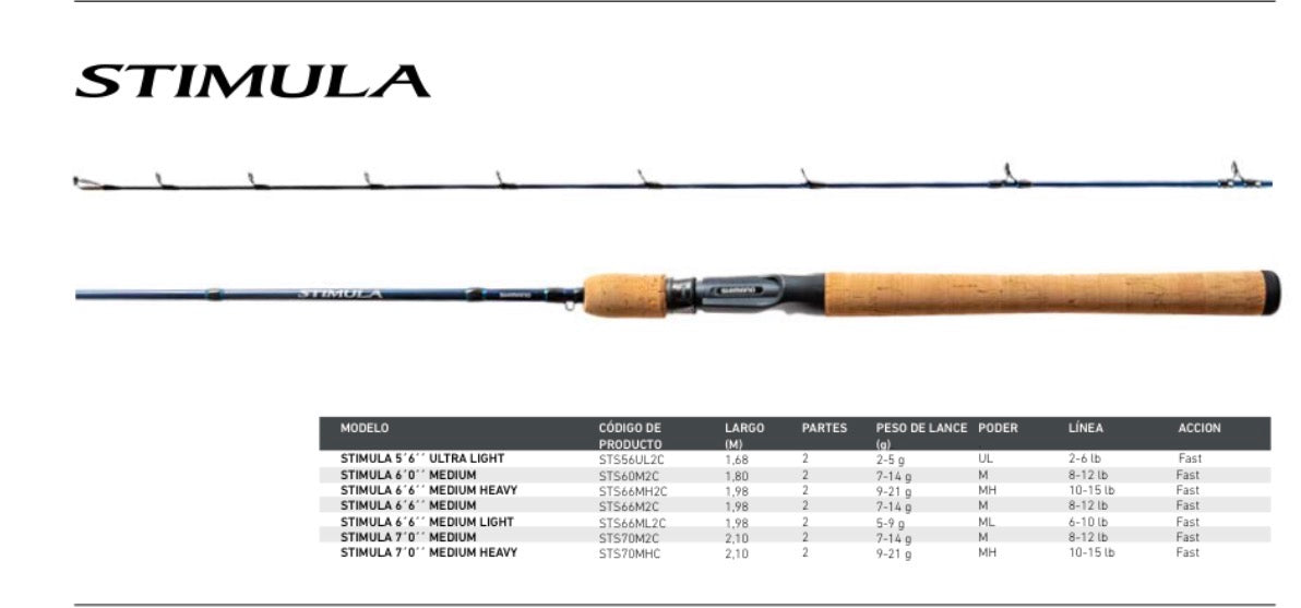 Shimano Stimula — Caña de Spinning 6'6"" (1.98m) — 2 tramos Potencia Medium (M)