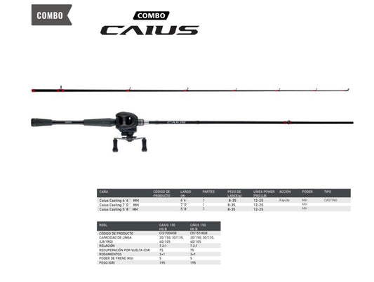 Combo Shimano Caius Baitcast — Caña Caius 2 tramos 12-25lb — Reel Caius 150/151HG