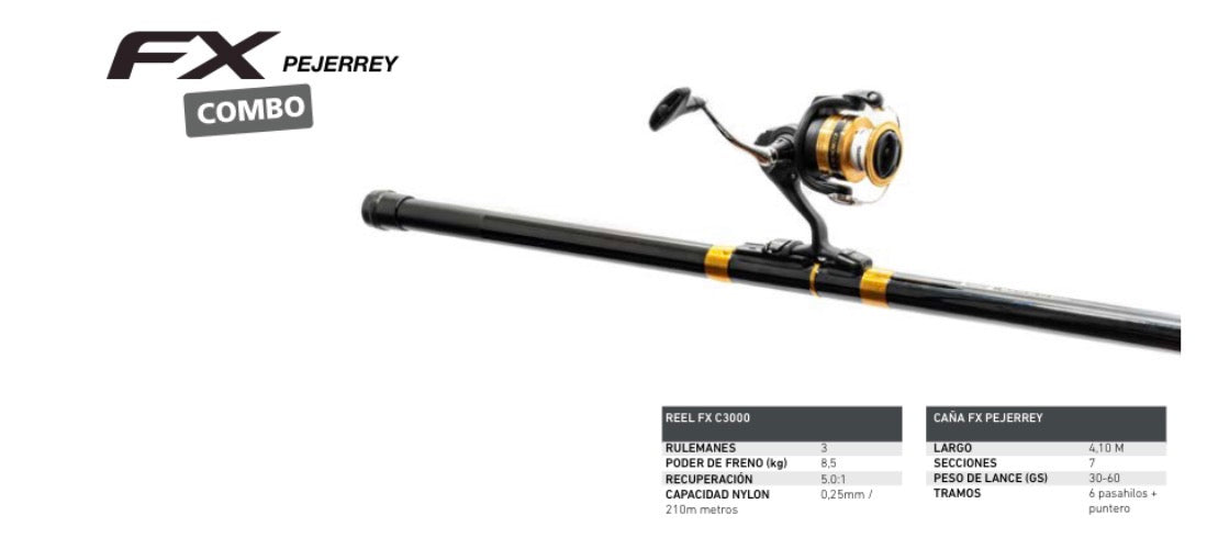Combo FX Pejerrey — Caña FX telescopica 4.1m — Reel FX