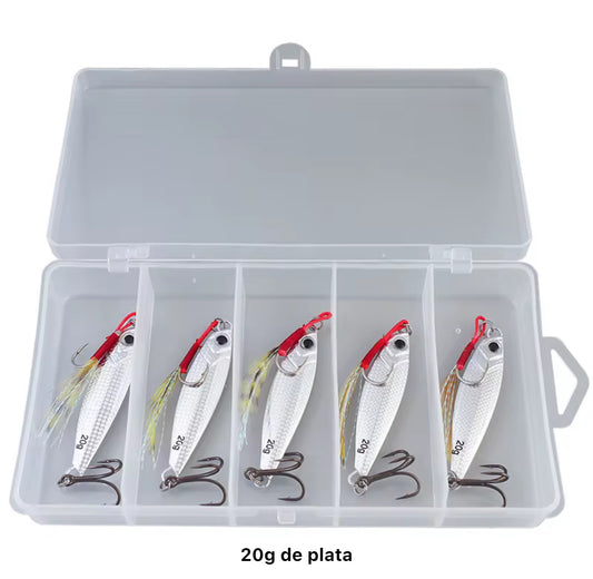 Caja De 5 Señuelos Jigs 20g Pesca Trucha Dorado A Elección