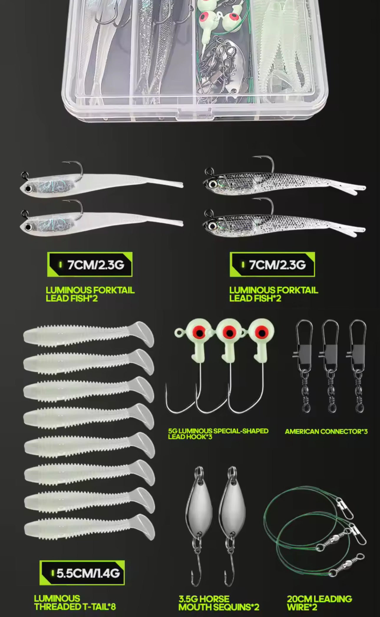 Set señuelos soft bioluminicente pesca nocturna